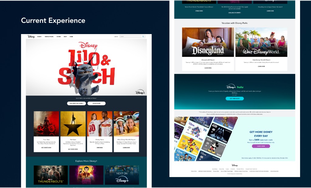 Current Disney.com homepage experience with interactive hero takeovers