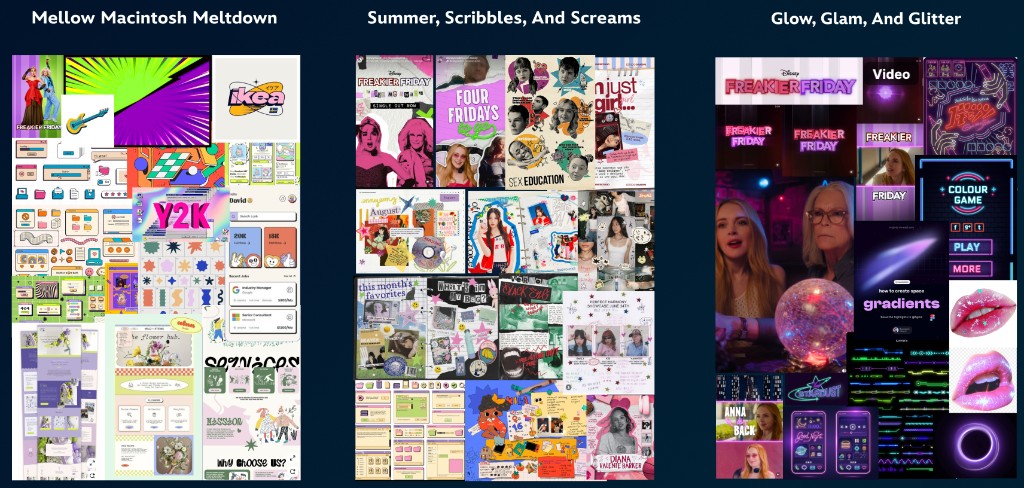 Three moodboard directions: Mellow Macintosh Meltdown, Summer Scribbles and Screams, Glow Glam and Glitter